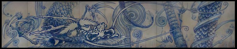 Takashi Murakami, Dragon In Clouds —I ndigo Blue, 2010. Akrils uz audekla, kas uzstādīts uz kuģa. Lerija Gagosiāna kolekcija. | 2010 Takashi Murakami/Kaikai Kiki Co., Ltd. Visas tiesības aizsargātas. Foto: Gevins Ešvorts.