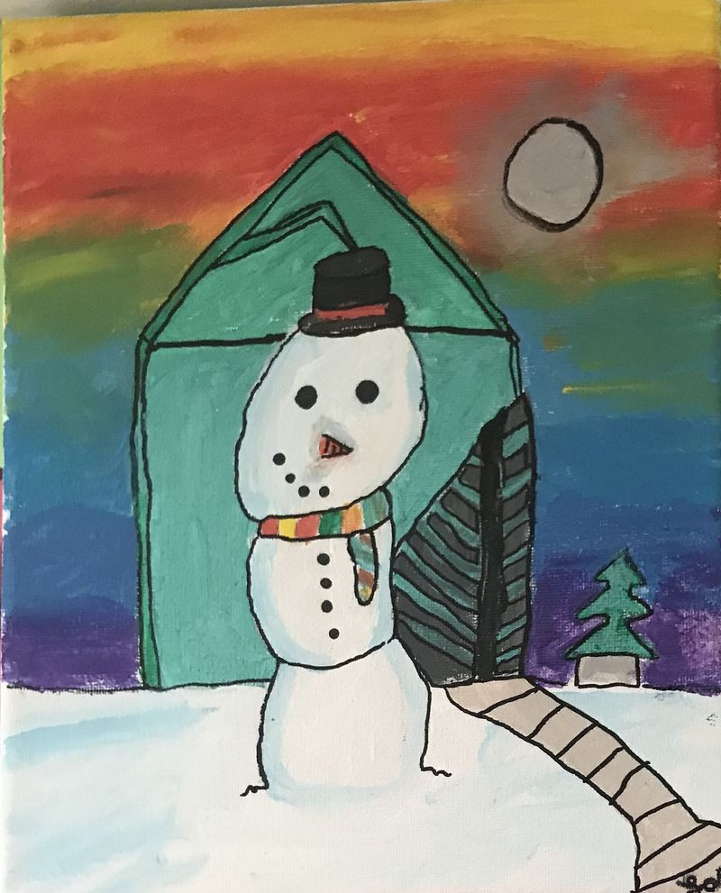 オーランドパークのセンチュリー中学校の7年生であるララA.（12歳）が濃い色を背景にした雪だるま。