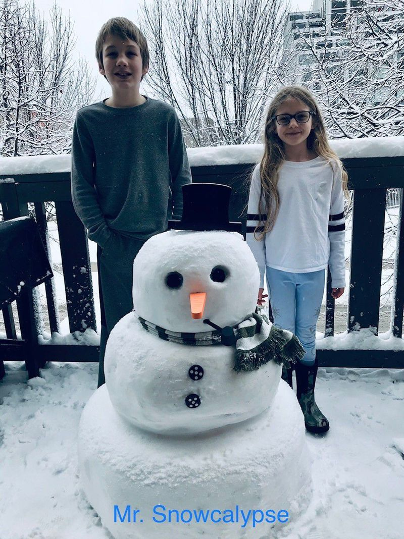 シカゴのサウスループ小学校の6年生と3年生の兄弟であるAlessioC。（11歳）とZoe C.（8歳）の雪だるま。