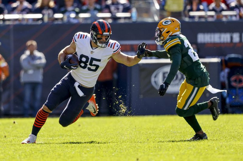 Cole Kmet (85) menghadapi empat perlawanan sepanjang 49 ela, termasuk tangkapan 21 ela, menentang Packers minggu lalu.