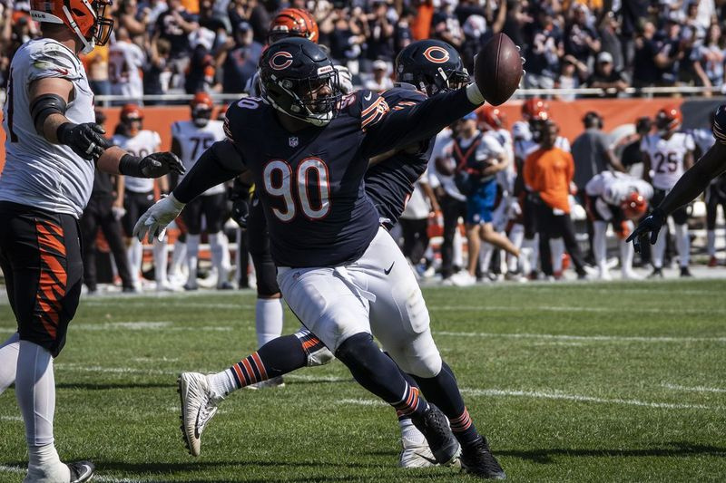 El tackle nariz de los Chicago Bears, Angelo Blackson, celebra tras interceptar el balón durante el último cuarto del domingo contra los Cincinnati Bengals en el Soldier Field.