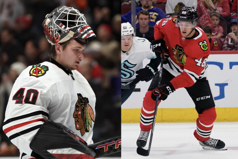   Blackhawks Arvīds Soderbloms (pa kreisi) un Filips Rūss (pa labi).