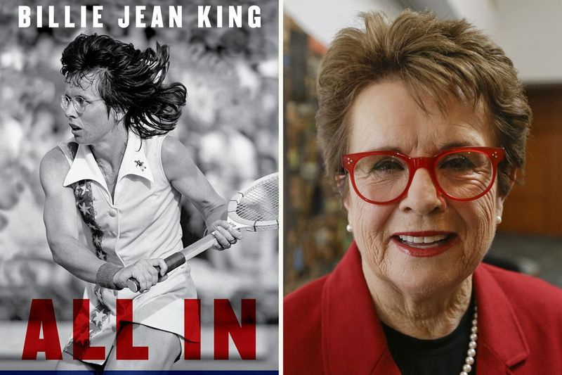 To połączone zdjęcie przedstawia okładkę All In: An Autobiography autorstwa Billie Jean King oraz King pozujący do portretu w 2015 roku.