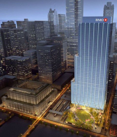 Un rendu de la tour de bureaux au 320 S. Canal St. qui sera ancrée par BMO Harris. La gare Union est sur la gauche.