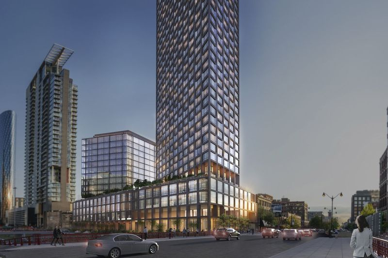 Skats uz dienvidrietumiem no 725 W. Randolph piedāvātās jauktas izmantošanas ēkas ar Roger Ferris + Partners un Perkins Eastman arhitektūru.