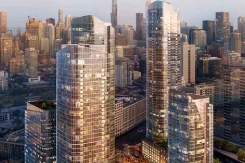 Vykreslenie celej výstavby navrhovanej na ostrove Goose Island s prvou fázou projektu v popredí.