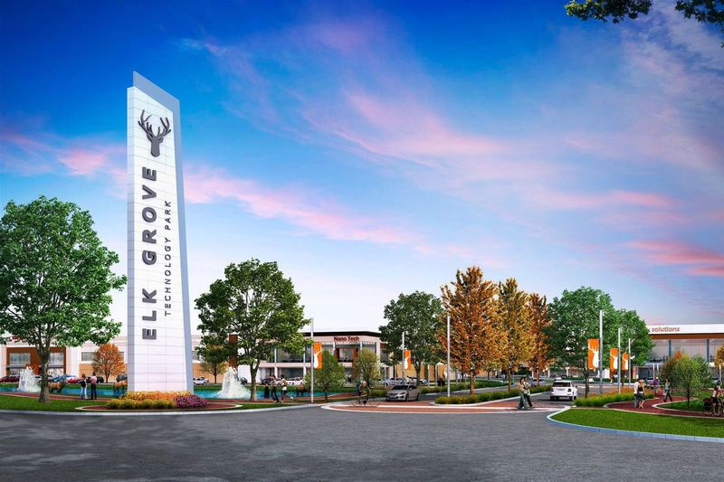 Vykreslení technologického parku Elk Grove, vývoj na 85akrovém pozemku v Elk Grove Village.