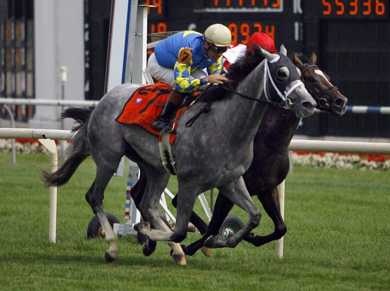 Take The Points, à gauche, avec le jockey Kent Desormeaux, remporte la course de chevaux Secretariat Stakes à l