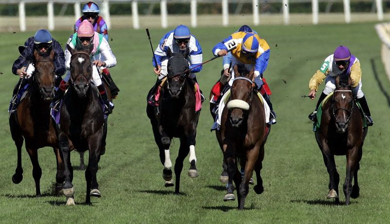 Jockey Victor Espinoza, anden fra højre, på toppen af ​​The Tin Man efter at have vundet den 24. række af Arlington Million i Arlington Park i 2006.