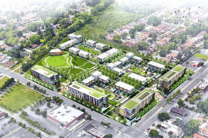   レンダリングは、115th ストリートと Halsted ストリートで計画されている Morgan Park Commons と呼ばれる開発の概要を示しています。