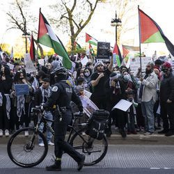 Polis Chicago memerhatikan ketika beribu-ribu perhimpunan menyokong Palestin di Michigan Avenue berhampiran Grant Park, petang Rabu, 12 Mei 2021.