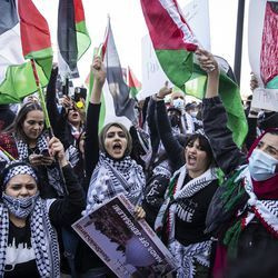 Ribuan orang berhimpun menyokong Palestin di Michigan Avenue berhampiran Grant Park, petang Rabu, 12 Mei 2021.