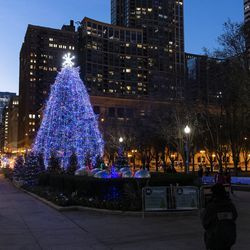 Chicagos officielle juletræ står oplyst i Millennium Park torsdag den 19. november 2020. Dette års trætændingsceremoni blev afholdt nærmest på grund af COVID-19-pandemien. Træet bliver i parken indtil 7. januar.