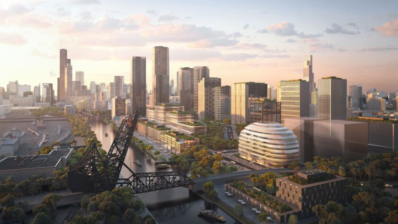   Un nouveau rendu montre une vue aérienne du développement sur le 78, y compris le bâtiment incurvé du Discovery Partners Institute.