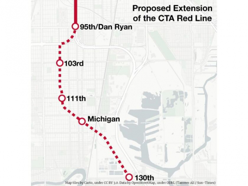   CTA のレッド ラインの延長計画では、95 番街の現在の終点と 130 番街の新しい終着点の間に 4 つの駅が追加されます。