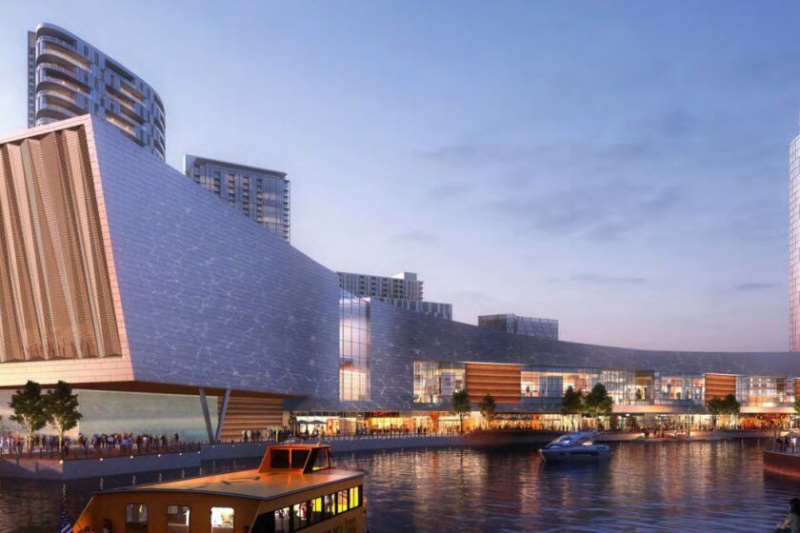   Una representación del casino Bally's propuesto que muestra la torre del hotel a lo largo de Chicago Avenue.