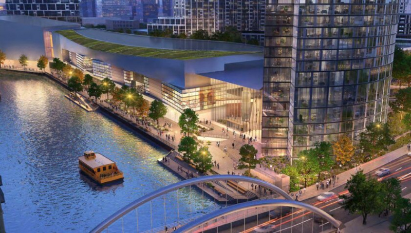   Una representación de parte del desarrollo del casino a lo largo del río Chicago.