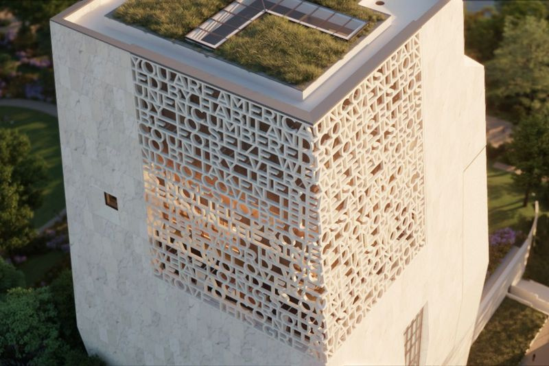 Een weergave van de top van de museumtoren van het Obama Center, met woorden uit de Selma-toespraak van ex-president Barack Obama in 2015.