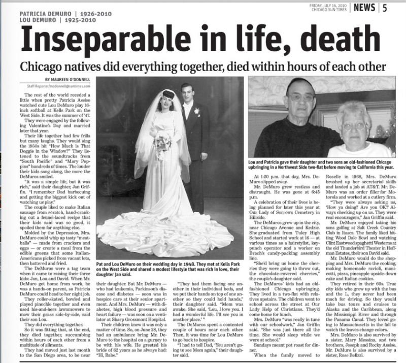   Pilt 2010. aasta nekroloogist, mille Maureen O’Donell kirjutas Pariciale ja Lou DeMurole. Surnud inimestest kirjutades puudutas O’Donnell sageli ka Chicago möödunud mineviku aspekte, nagu selles nekroloogis.