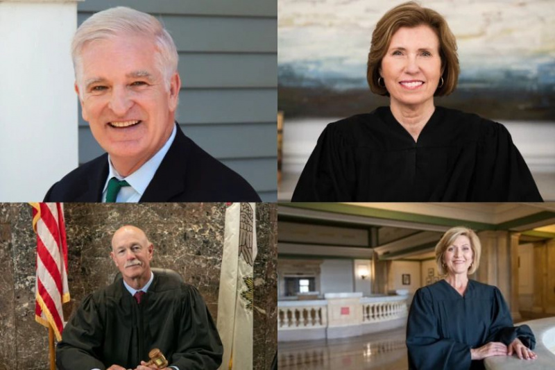   Republikanerne i Illinois håber at genvinde kontrollen over statens højesteret ved at samle to pladser i Chicagos forstæder ved valget i november. Med uret fra øverst til venstre er kandidaterne: Republikaneren Mark Curran, demokraten Elizabeth Rochford, demokraten Mary Kay O'Brien og republikaneren Michael Burke. 