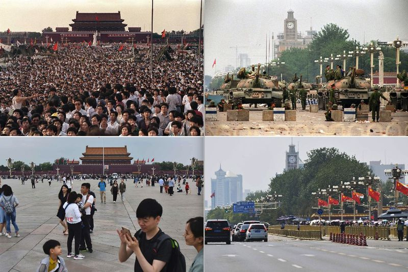 Tiananmeni väljaku protestid (üleval) ja samad kohad 30 aastat hiljem.