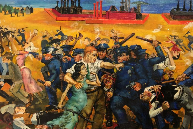 An American Tragedy, de Philip Evergood, de 1937, retrata um confronto sangrento entre centenas de metalúrgicos marchando na fábrica de South Side da Republic Steel, exigindo o direito de sindicalização.