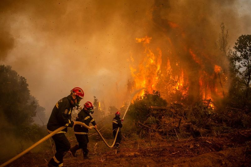 I vigili del fuoco serbi combattono contro un incendio lunedì 9 agosto 2021 sull