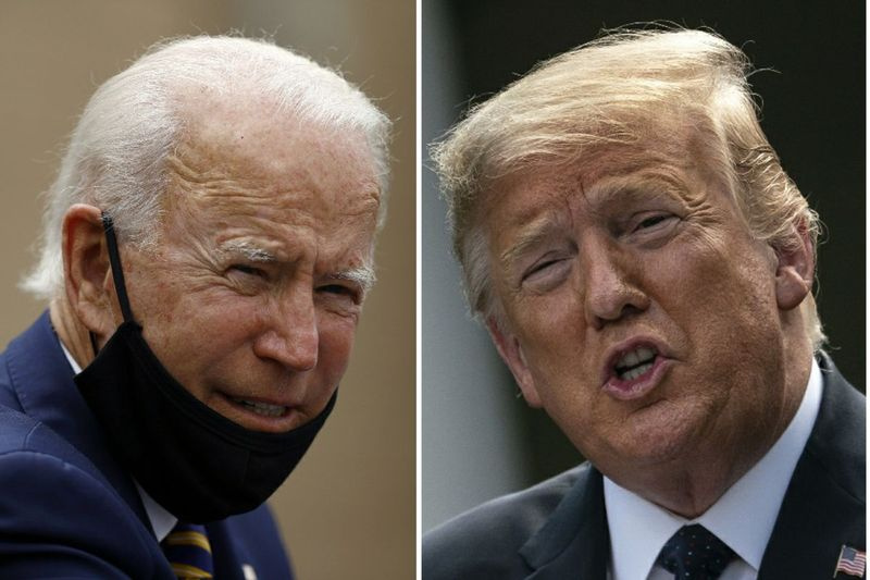 Džo Baidens (pa kreisi) un Donalds Tramps.
