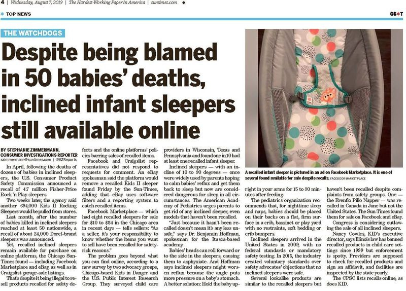 Le rapport du 7 août 2019 du Sun-Times sur les dormeurs dangereux pour bébés inclinés.