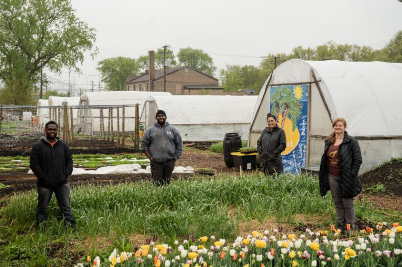   Laurell Sims (dešinėje) su (iš kairės) Marshallu Mitchellu, Malcolmu Evansu ir Siobhanu Bealu iš Urban Growers Collective – organizacijos, kuriančios ūkius ir sodus pietų ir vakarų pusėje.