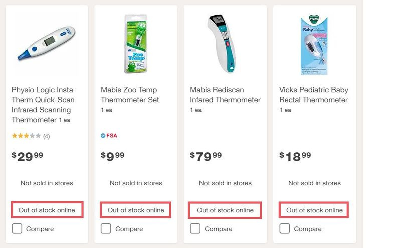 Snímka obrazovky vyhľadávania teplomerov Walgreens.com so zvýraznenými notáciami, ktoré nie sú na sklade.