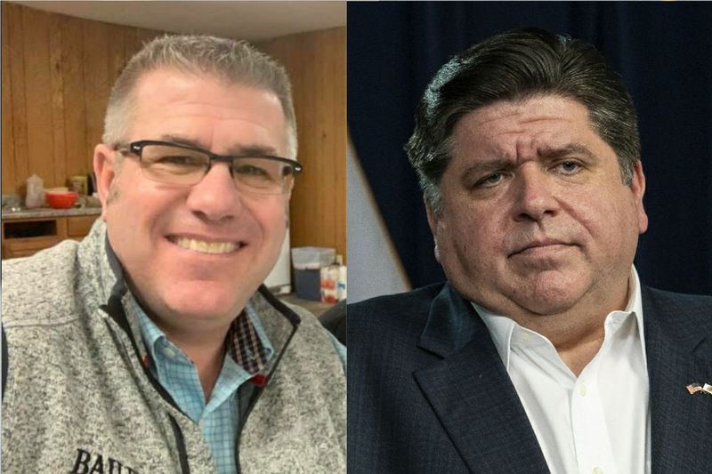 El senador estatal Darren Bailey, izquierda; El gobernador J.B. Pritzker, a la derecha.