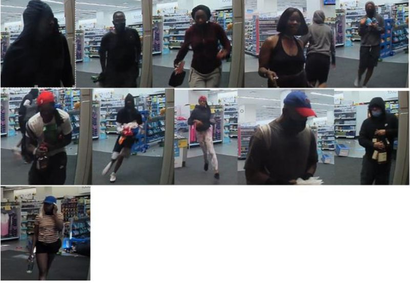 Los fotogramas de videovigilancia supuestamente muestran a 11 personas buscadas por saquear un Walgreens en 2 N. State St. el 10 de agosto de 2020.