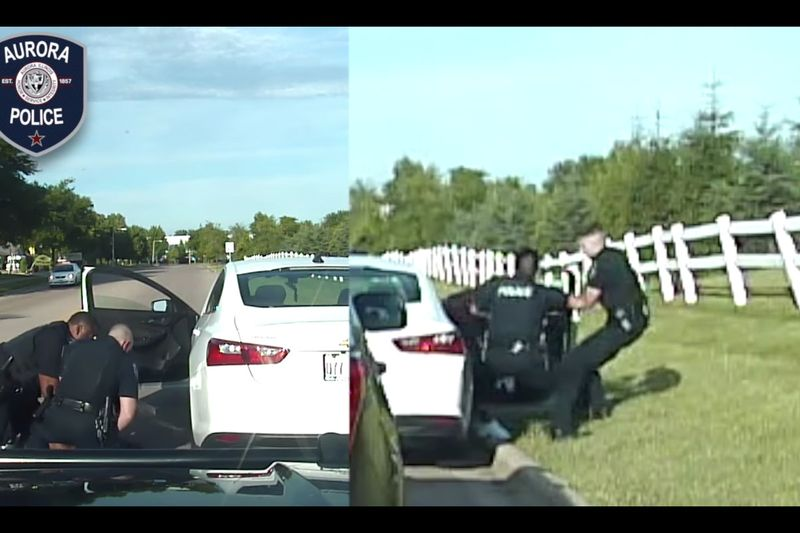 Stadig fra en dashcam-video udgivet af Aurora-politiet, der viser to personer blive anholdt under et trafikstop den 13. juni 2020.