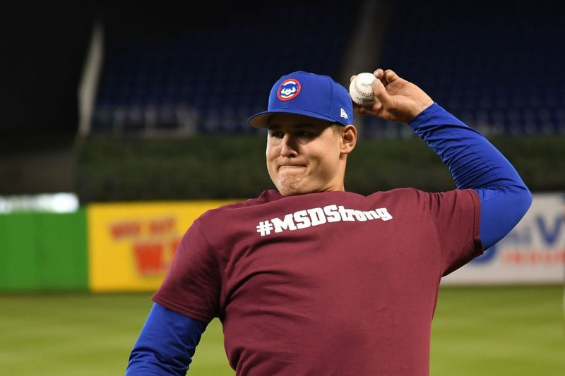 The Cubs Anthony Rizzo bär en MSDStrong-tröja för att hedra Stoneman Douglas High School på detta arkivfoto 2018. Skolan döpte denna vecka sin baseballplan efter Rizzo, en alumn från Stoneman Douglas.