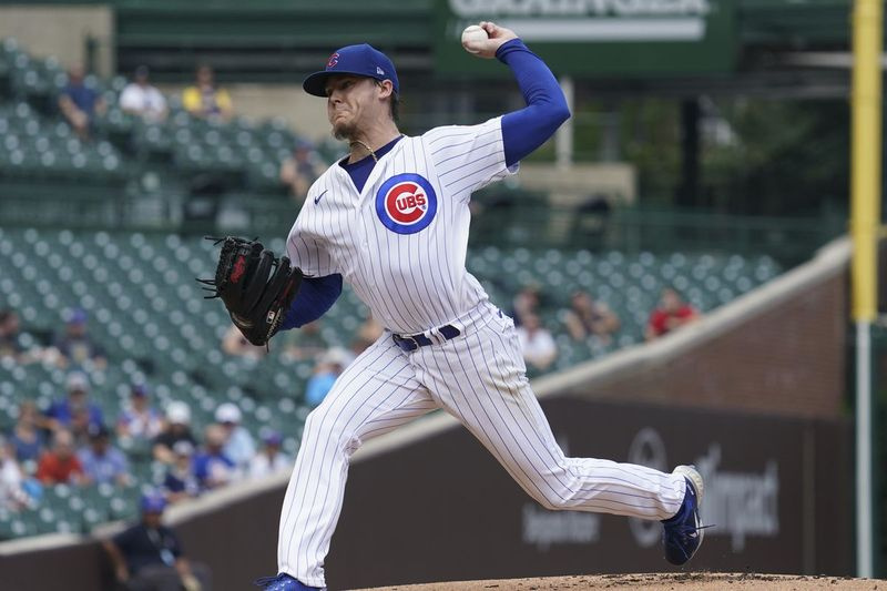 Cubs-pitcheren Justin Steele leverer under den første kamp i tirsdagens doubleheader mod Milwaukee Brewers.