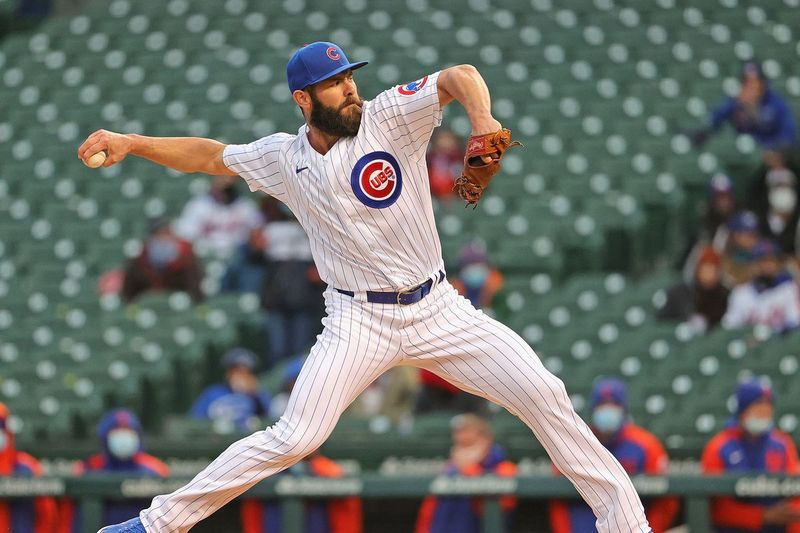 Cubs starter Jake Arrieta levert een worp tegen de Mets.