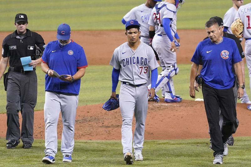 Začetni metalec Chicago Cubsov Adbert Alzolay (73) se z očitno poškodbo sprehodi do dvorane med drugo menjavo baseball tekme proti Miami Marlins, petek, 13. avgusta 2021, v Miamiju. (AP Photo/Lynne Sladky) ORG XMIT: FLLS115