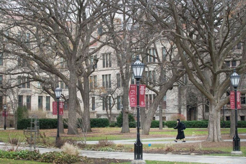   CHICAGO, IL - 30 DE NOVIEMBRE: Un peatón camina por los cuadrángulos principales (Quad) en el campus de Hyde Park de la Universidad de Chicago el 30 de noviembre de 2015 en Chicago, Illinois. El presidente de la universidad cerró el campus hoy después de que el FBI informara a la universidad que se había hecho una amenaza de violencia armada contra la escuela mencionando específicamente el 'patio del campus'. (Foto de Scott Olson/Getty Images) ORG XMIT: 594158247