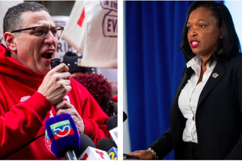 Čikagos mokytojų sąjungos prezidentas Jesse Sharkey ir Čikagos viešųjų mokyklų generalinė direktorė Janice Jackson