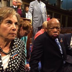 Husdemokraterna Jan Schakowsky och John Lewis var bland de dussintals representanter som arrangerade en sit-in på parlamentsgolvet för att kräva en omröstning om vapenkontrollåtgärder. | Rep. Jan Schakowsky Twitter-flöde
