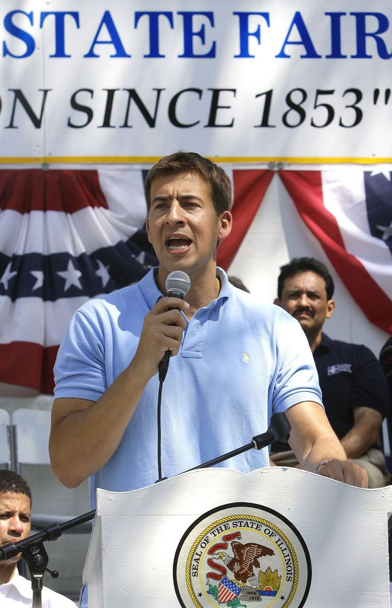 Så taler den demokratiske amerikanske senatskandidat Alexi Giannoulias under et møde på Demokraternes dag på Illinois State Fair i 2010.