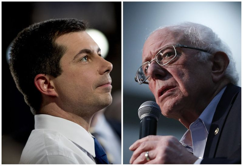Candidato presidenziale democratico ex South Bend, Ind., sindaco Pete Buttigieg, a sinistra; Candidato presidenziale democratico Sen. Bernie Sanders, a destra.