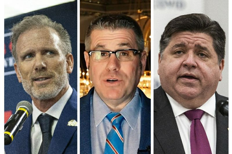 Candidatul republican la funcția de guvernator Gary Rabine, stânga; Senatul de stat Darren Bailey, R-Xenia, centru; Guvernatorul J.B. Pritzker, corect.