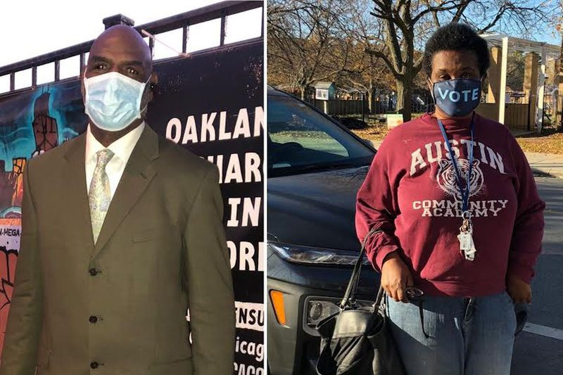 I svarta samhällen på Chicagos södra och västra sidor strömmade folk till vallokalerna, för att rösta eller ta med andra, många uttryckte en överväldigande känsla att de vill att en ny president ska leda en nation som nu räknar med ras. (L) Rodney Parham, 60, från Bronzeville, röstar på Mandrake Park, 3858 S. Cottage Grove. (R) Cellie French, 71, från Forest Park, som röstade förra veckan, tog med sig en brorson för att rösta på Michele Clark Magnet High School, 5101 W. Harrison.