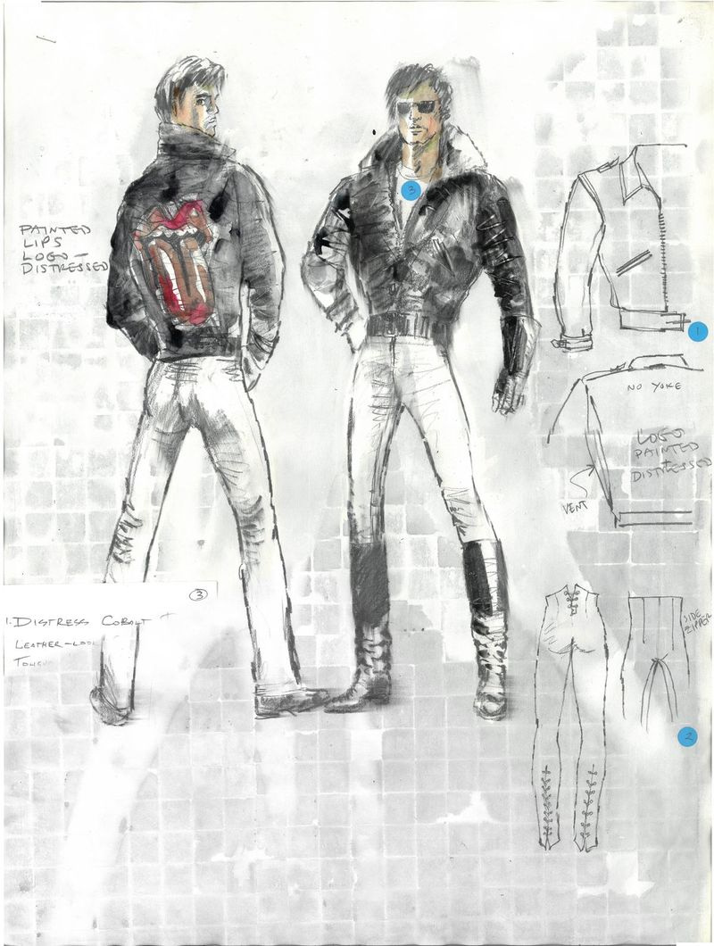 William Ivey Longs Originalskizze für Mick Jaggers blaue Lederjacke mit dem handgemalten Stones-Logo auf der Rückseite, das dann mit Sandpapier bearbeitet wurde. | Mit freundlicher Genehmigung von WILLIAM IVEY LANGES STUDIO