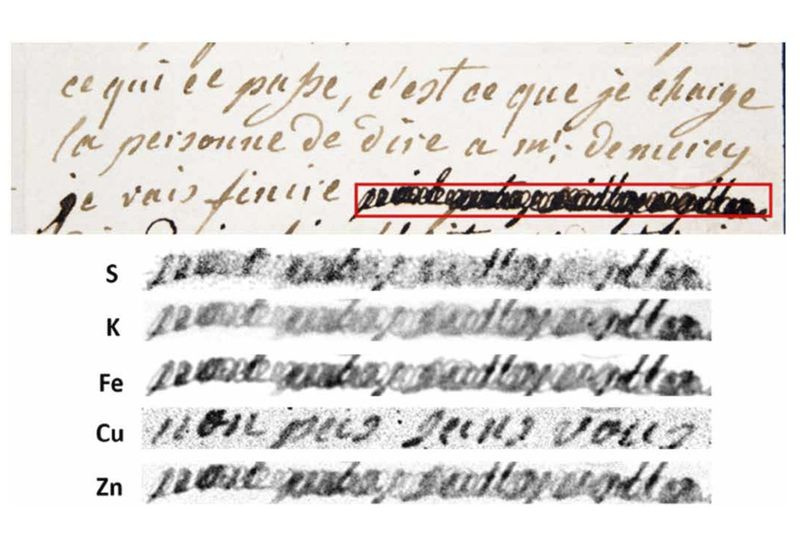 Esta imagen proporcionada por los investigadores muestra una sección de una carta fechada el 4 de enero de 1792 de María Antonieta, reina de Francia y esposa de Luis XVI, al conde sueco Axel von Fersen, con una frase (delineada en rojo) redactada por un desconocido. censurar. La mitad inferior muestra los resultados de un escaneo de espectroscopía de fluorescencia de rayos X en las palabras redactadas. La sección de cobre (Cu) revela las palabras francesas non pas sans vous (no sin ti).