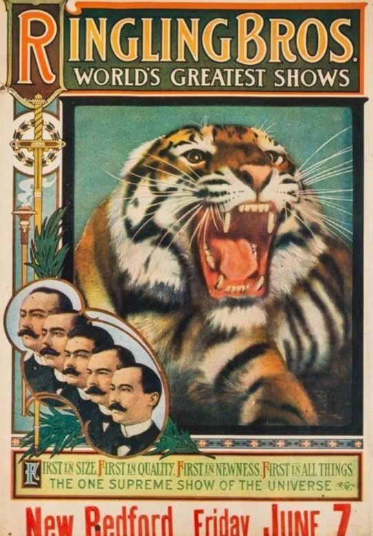Denna 48 1/2 tum gånger 27 tums affisch är från 1919, året Ringling Brothers slogs samman med Barnum & Bailey Circus. Ringling Brothers köpte Barnum & Bailey 1907 och drev separata cirkusar tills de skapade den sammanslagna cirkusen som de kallade Gre