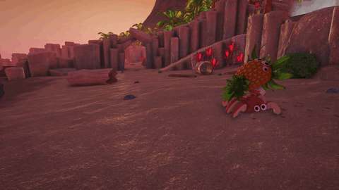 Una manzana de cangrejo lleva una piña en un clip del tráiler de Bugsnax, un próximo juego de PlayStation 5 del estudio Young Horses con sede en Chicago.