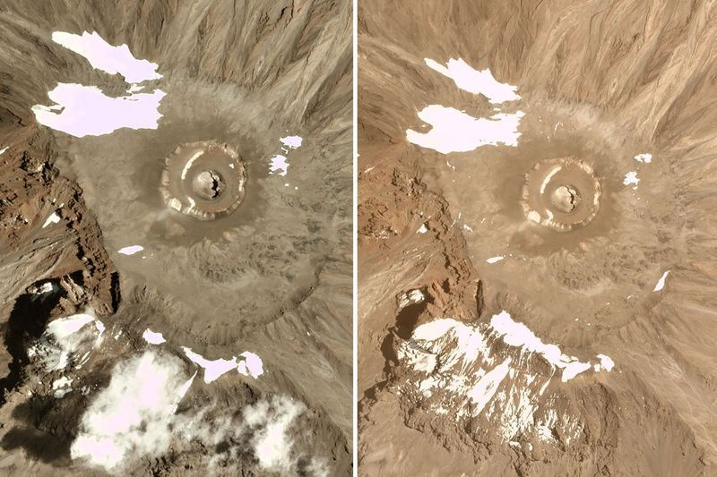 Tato kombinace satelitních snímků poskytnutých Planet Labs Inc. ukazuje ledovce na Mount Kilimanjaro v Tanzanii v roce 2016 (vlevo) a letos.